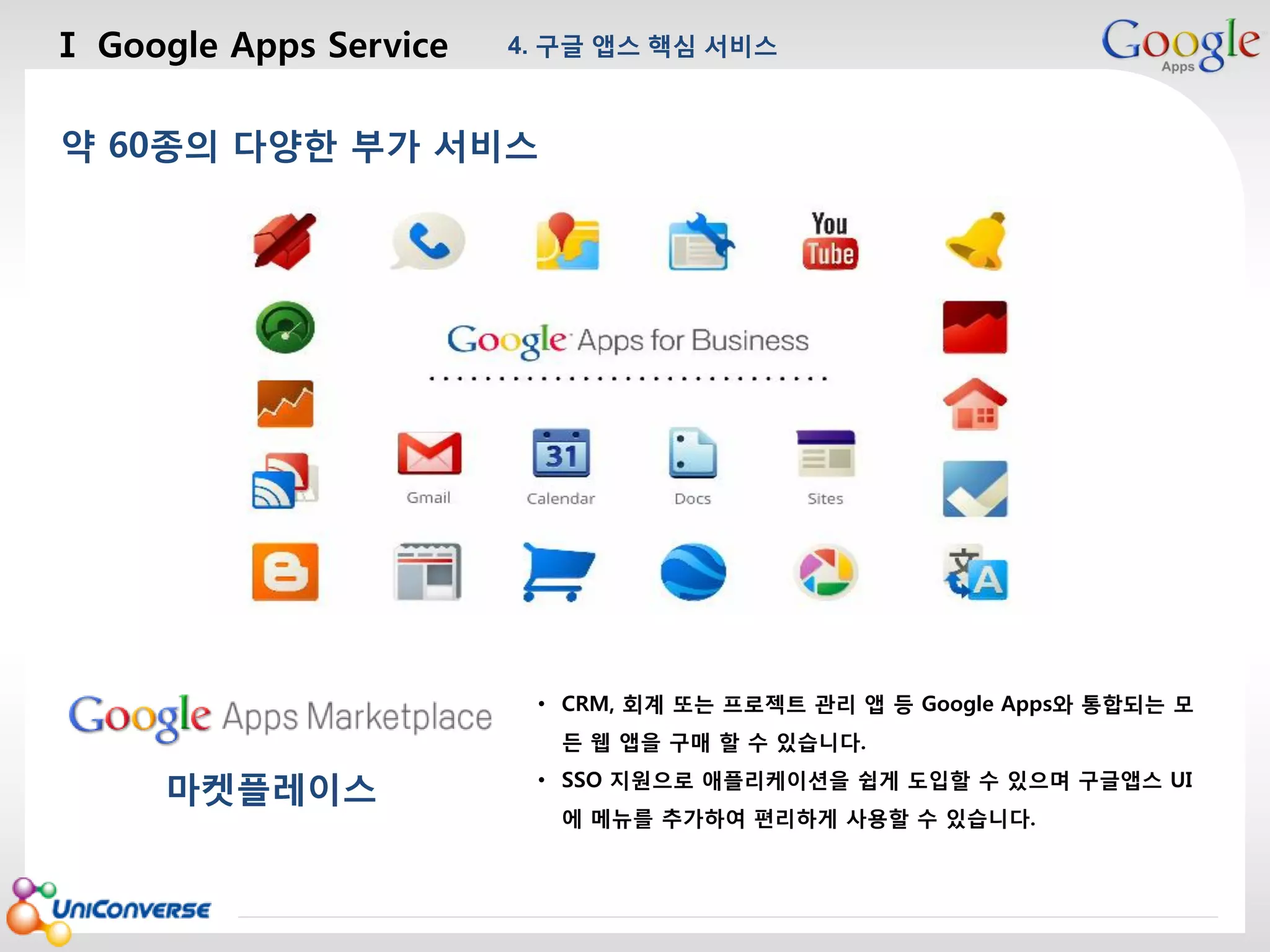 Ⅰ Google Apps Service

4. 구글 앱스 핵심 서비스

마스터 제목 스타일 편집

약 60종의 다양한 부가 서비스

• CRM, 회계 또는 프로젝트 관리 앱 등 Google Apps와 통합되는 모
든 웹 앱을 구매 할 수 있습니다.

마켓플레이스
2013-08-01

• SSO 지원으로 애플리케이션을 쉽게 도입할 수 있으며 구글앱스 UI
에 메뉴를 추가하여 편리하게 사용할 수 있습니다.

24

 