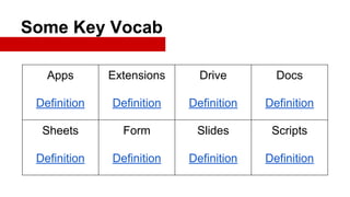 Some Key Vocab
Apps

Extensions

Drive

Docs

Definition

Definition

Definition

Definition

Sheets

Form

ݺߣs

Scripts

Definition

Definition

Definition

Definition

 