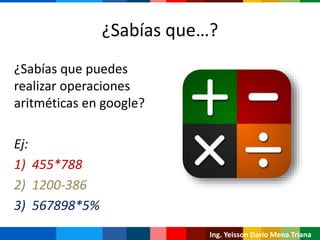¿Sabías que…?
¿Sabías que puedes
realizar operaciones
aritméticas en google?
Ej:
1) 455*788
2) 1200-386
3) 567898*5%
Ing. Yeisson Darío Mena Triana
 