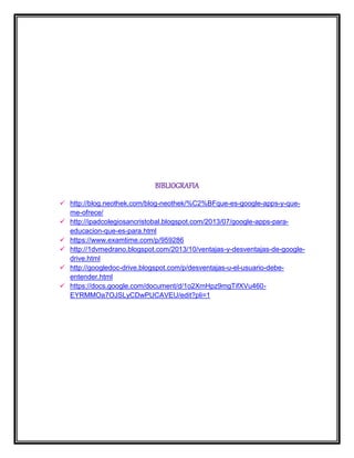 BIBLIOGRAFIA
 http://blog.neothek.com/blog-neothek/%C2%BFque-es-google-apps-y-que-
me-ofrece/
 http://ipadcolegiosancristobal.blogspot.com/2013/07/google-apps-para-
educacion-que-es-para.html
 https://www.examtime.com/p/959286
 http://1dvmedrano.blogspot.com/2013/10/ventajas-y-desventajas-de-google-
drive.html
 http://googledoc-drive.blogspot.com/p/desventajas-u-el-usuario-debe-
entender.html
 https://docs.google.com/document/d/1o2XmHpz9mgTifXVu460-
EYRMMOa7OJSLyCDwPUCAVEU/edit?pli=1
 