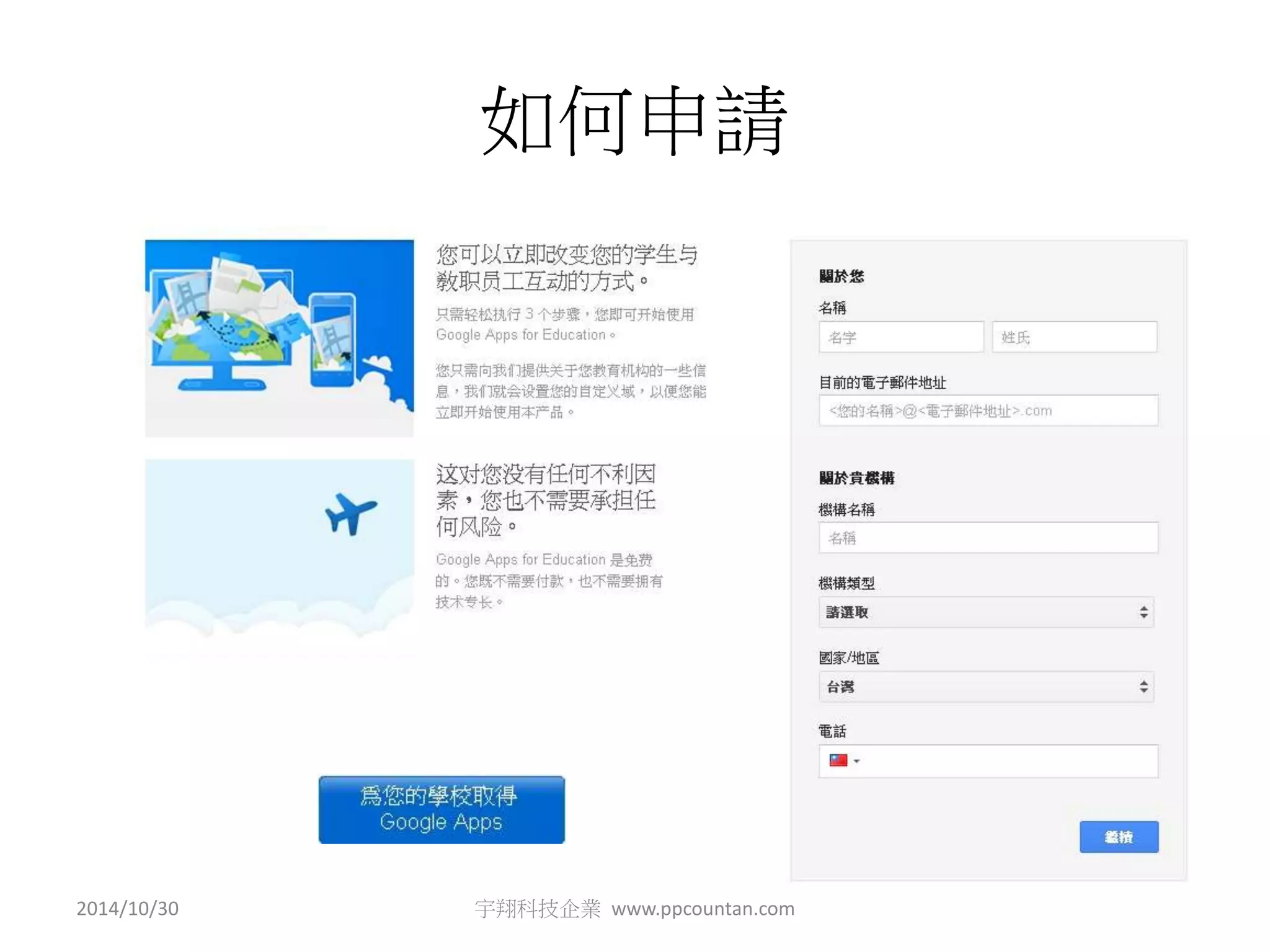 如何申請 
2014/10/30 宇翔科技企業www.ppcountan.com 
 