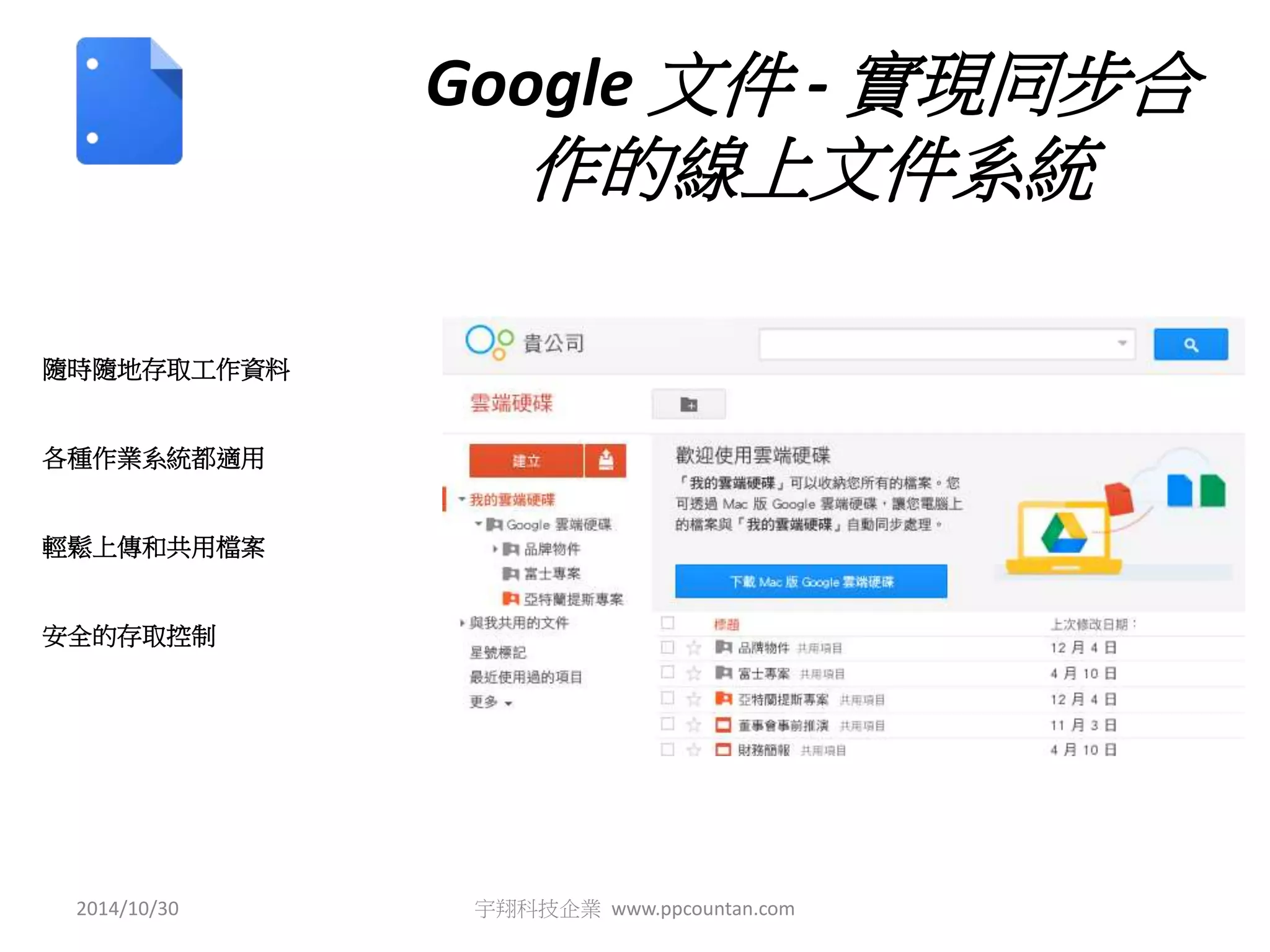 Google 文件- 實現同步合 
作的線上文件系統 
隨時隨地存取工作資料 
各種作業系統都適用 
輕鬆上傳和共用檔案 
安全的存取控制 
2014/10/30 宇翔科技企業www.ppcountan.com 
 