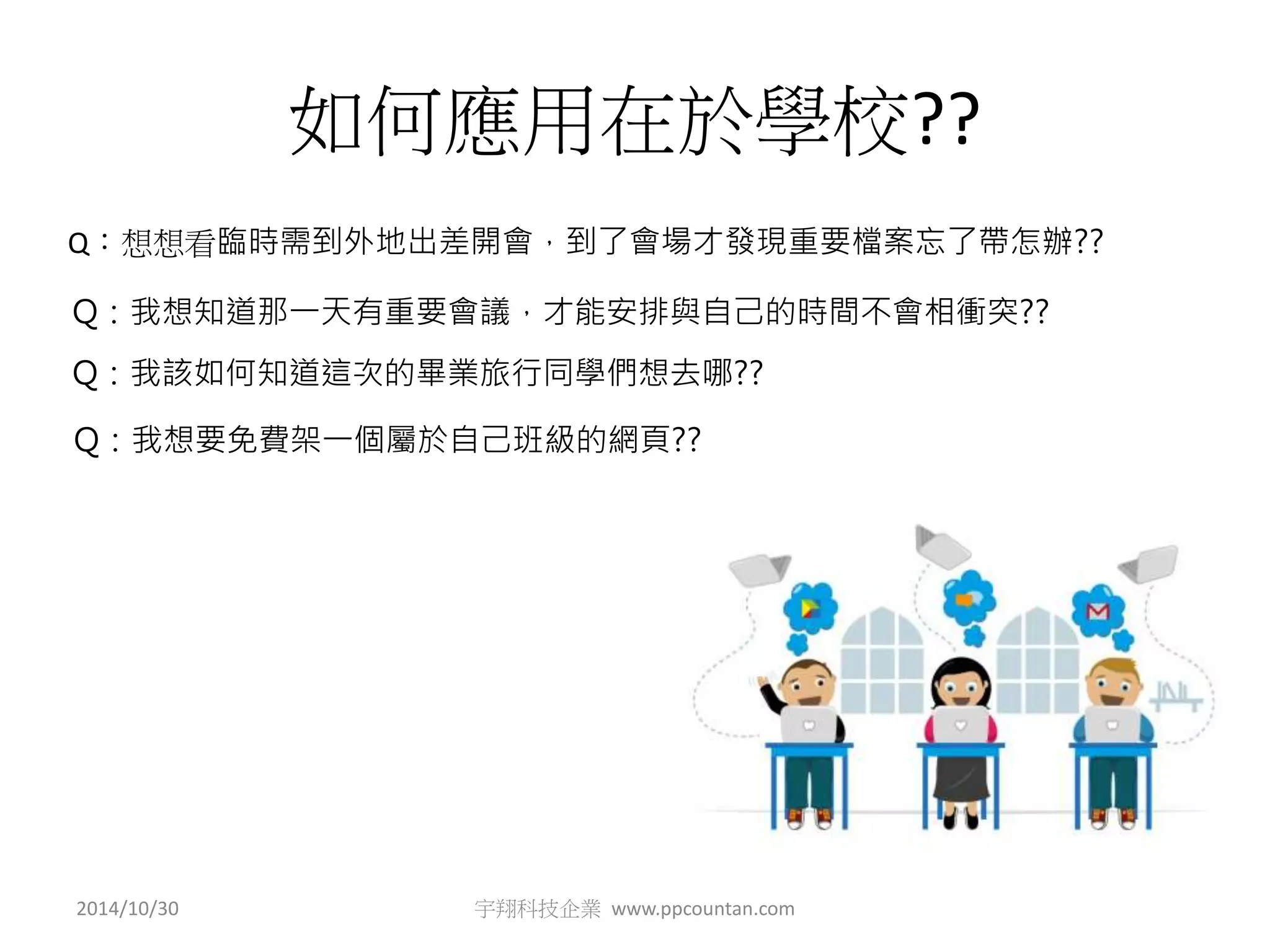 如何應用在於學校?? 
Q：想想看臨時需到外地出差開會，到了會場才發現重要檔案忘了帶怎辦?? 
Q：我想知道那一天有重要會議，才能安排與自己的時間不會相衝突?? 
Q：我該如何知道這次的畢業旅行同學們想去哪?? 
Q：我想要免費架一個屬於自己班級的網頁?? 
2014/10/30 宇翔科技企業www.ppcountan.com 
 