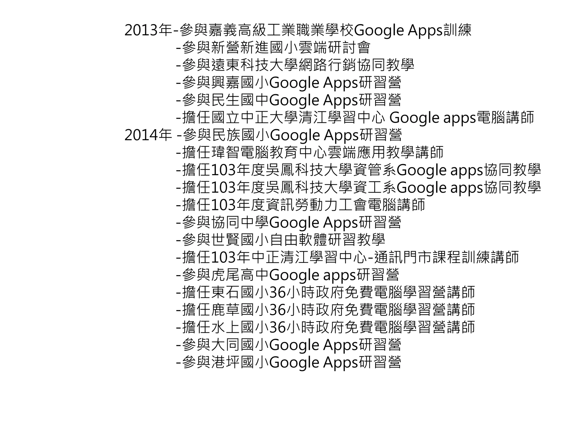 2013年-參與嘉義高級工業職業學校Google Apps訓練 
-參與新營新進國小雲端研討會 
-參與遠東科技大學網路行銷協同教學 
-參與興嘉國小Google Apps研習營 
-參與民生國中Google Apps研習營 
-擔任國立中正大學清江學習中心Google apps電腦講師 
2014年-參與民族國小Google Apps研習營 
-擔任瑋智電腦教育中心雲端應用教學講師 
-擔任103年度吳鳳科技大學資管系Google apps協同教學 
-擔任103年度吳鳳科技大學資工系Google apps協同教學 
-擔任103年度資訊勞動力工會電腦講師 
-參與協同中學Google Apps研習營 
-參與世賢國小自由軟體研習教學 
-擔任103年中正清江學習中心-通訊門市課程訓練講師 
-參與虎尾高中Google apps研習營 
-擔任東石國小36小時政府免費電腦學習營講師 
-擔任鹿草國小36小時政府免費電腦學習營講師 
-擔任水上國小36小時政府免費電腦學習營講師 
-參與大同國小Google Apps研習營 
-參與港坪國小Google Apps研習營 
 