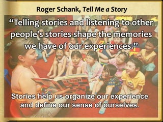 Roger Schank, Tell Me a Story
“Telling stories and listening to other
people's stories shape the memories
we have of our experiences.”
Stories help us organize our experience
and define our sense of ourselves.
 