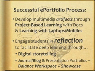 Successful ePortfolio Process:
 Develop multimedia artifacts through
Project-Based Learning with Docs
& Learning with Laptops/Mobiles
 Engage students in reflection
to facilitate deep learning through…
 Digital storytelling
 Journal/Blog & Presentation Portfolios –
Balance Workspace + Showcase
 