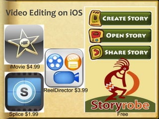 Video Editing on iOS
iMovie $4.99
ReelDirector $3.99
Splice $1.99 Free
 