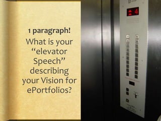 1 paragraph!
What is your
“elevator
Speech”
describing
your Vision for
ePortfolios?
 