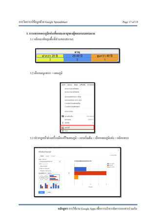 การวิเคราะห์ข้อมูลด้วย Google Spreadsheet Page 17 of 19
หลักสูตร การใช้งาน Google Apps เพื่อการบริหารจัดการเอกสารร่วมกัน
3. การแทรกแผนภูมิแท่งเพื่อแสดงอายุของผู้ตอบแบบสอบถาม
3.1 คลิกเมาส์คลุมพื้นที่ส่วนของสถานะ
3.2 เลือกเมนูแทรก > แผนภูมิ
3.3 ปรากฏหน้าต่างเครื่องมือแก้ไขแผนภูมิ > แถบเริ่มต้น > เลือกแผนภูมิแท่ง > คลิกแทรก
 