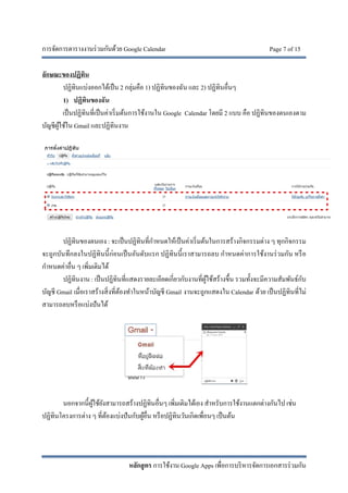 การจัดการตารางงานร่วมกันด้วย Google Calendar Page 7 of 15
หลักสูตร การใช้งาน Google Apps เพื่อการบริหารจัดการเอกสารร่วมกัน
ลักษณะของปฏิทิน
ปฏิทินแบ่งออกได้เป็น 2 กลุ่มคือ 1) ปฏิทินของฉัน และ 2) ปฏิทินอื่นๆ
1) ปฏิทินของฉัน
เป็นปฏิทินที่เป็นค่าเริ่มต้นการใช้งานใน Google Calendar โดยมี 2 แบบ คือ ปฏิทินของตนเองตาม
บัญชีผู้ใช้ใน Gmail และปฏิทินงาน
ปฏิทินของตนเอง : จะเป็นปฏิทินที่กําหนดให้เป็นค่าเริ่มต้นในการสร้างกิจกรรมต่าง ๆ ทุกกิจกรรม
จะถูกบันทึกลงในปฏิทินนี้ก่อนเป็นอันดับแรก ปฏิทินนี้เราสามารถลบ กําหนดค่าการใช้งานร่วมกัน หรือ
กําหนดค่าอื่น ๆ เพิ่มเติมได้
ปฏิทินงาน : เป็นปฏิทินที่แสดงรายละเอียดเกี่ยวกับงานที่ผู้ใช้สร้างขึ้น รวมทั้งจะมีความสัมพันธ์กับ
บัญชี Gmail เมื่อเราสร้างสิ่งที่ต้องทําในหน้าบัญชี Gmail งานจะถูกแสดงใน Calendar ด้วย เป็นปฏิทินที่ไม่
สามารถลบหรือแบ่งปันได้
นอกจากนี้ผู้ใช้ยังสามารถสร้างปฏิทินอื่นๆ เพิ่มเติมได้เอง สําหรับการใช้งานแตกต่างกันไป เช่น
ปฏิทินโครงการต่าง ๆ ที่ต้องแบ่งปันกับผู้อื่น หรือปฏิทินวันเกิดเพื่อนๆ เป็นต้น
 