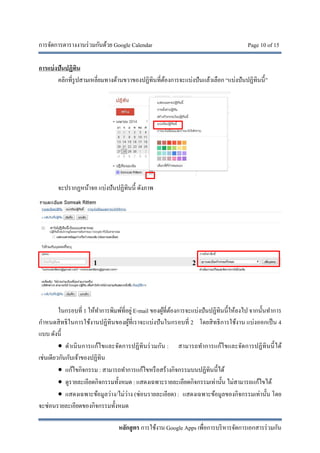 การจัดการตารางงานร่วมกันด้วย Google Calendar Page 10 of 15
หลักสูตร การใช้งาน Google Apps เพื่อการบริหารจัดการเอกสารร่วมกัน
การแบ่งปันปฏิทิน
คลิกที่รูปสามเหลี่ยมทางด้านขวาของปฏิทินที่ต้องการจะแบ่งปันแล้วเลือก “แบ่งปันปฏิทินนี้”
จะปรากฏหน้าจอ แบ่งปันปฏิทินนี้ ดังภาพ
ในกรอบที่ 1 ให้ทําการพิมพ์ที่อยู่ E-mail ของผู้ที่ต้องการจะแบ่งปันปฏิทินนี้ให้ลงไป จากนั้นทําการ
กําหนดสิทธิในการใช้งานปฏิทินของผู้ที่เราจะแบ่งปันในกรอบที่ 2 โดยสิทธิการใช้งาน แบ่งออกเป็น 4
แบบ ดังนี้
 ดําเนินการแก้ไขและจัดการปฏิทินร่วมกัน : สามารถทําการแก้ไขและจัดการปฏิทินนี้ได้
เช่นเดียวกันกับเจ้าของปฏิทิน
 แก้ไขกิจกรรม : สามารถทําการแก้ไขหรือสร้างกิจกรรมบนปฏิทินนี้ได้
 ดูรายละเอียดกิจกรรมทั้งหมด : แสดงเฉพาะรายละเอียดกิจกรรมเท่านั้น ไม่สามารถแก้ไขได้
 แสดงเฉพาะข้อมูลว่าง/ไม่ว่าง (ซ่อนรายละเอียด) : แสดงเฉพาะข้อมูลของกิจกรรมเท่านั้น โดย
จะซ่อนรายละเอียดของกิจกรรมทั้งหมด
21
 