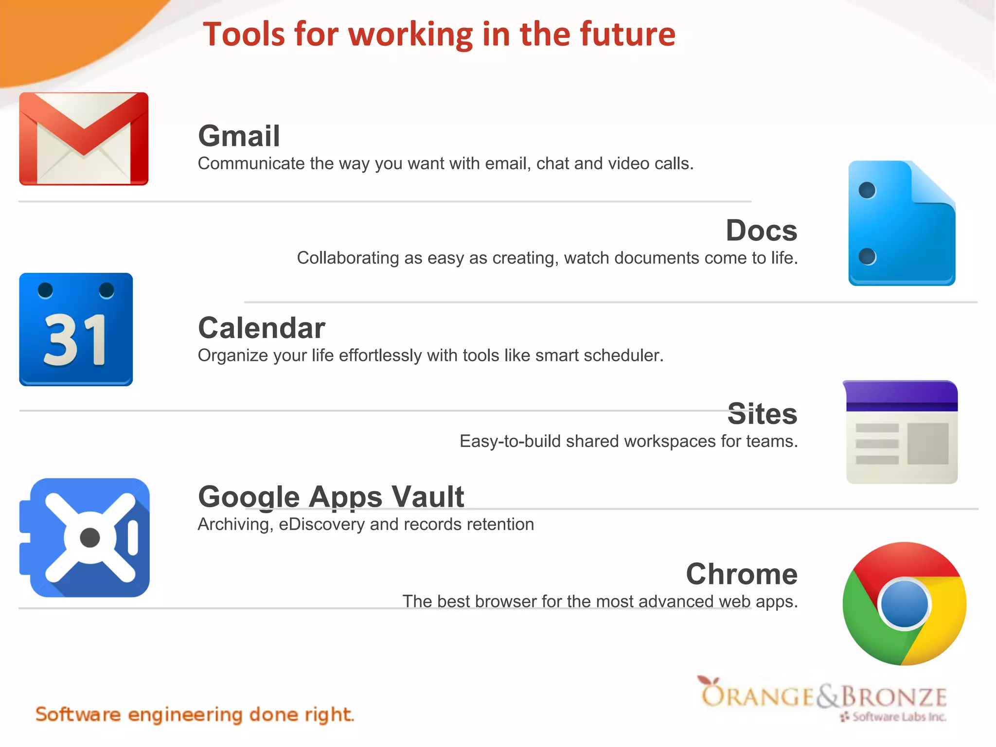 Tools for working in the future

Gmail
Communicate the way you want with email, chat and video calls.



                                                                     Docs
             Collaborating as easy as creating, watch documents come to life.



Calendar
Organize your life effortlessly with tools like smart scheduler.


                                                                     Sites
                                   Easy-to-build shared workspaces for teams.


Google Apps Vault
Archiving, eDiscovery and records retention


                                                                   Chrome
                            The best browser for the most advanced web apps.
 