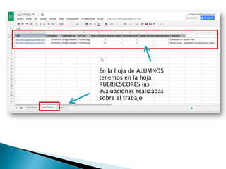 En la hoja de ALUMNOS
tenemos en la hoja
RUBRICSCORES las
evaluaciones realizadas
sobre el trabajo
 