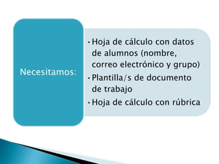•Hoja de cálculo con datos
de alumnos (nombre,
correo electrónico y grupo)
•Plantilla/s de documento
de trabajo
•Hoja de cálculo con rúbrica
Necesitamos:
 
