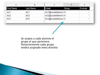 Se asigna a cada alumno el
grupo al que pertenece.
Posteriormente cada grupo
tendrá asignado tema distinto
 