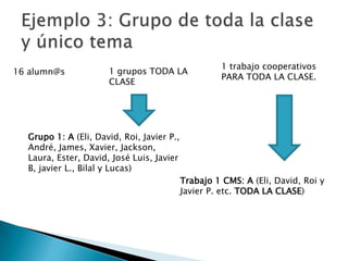 16 alumn@s 1 grupos TODA LA
CLASE
Grupo 1: A (Eli, David, Roi, Javier P.,
André, James, Xavier, Jackson,
Laura, Ester, David, José Luis, Javier
B, javier L., Bilal y Lucas)
1 trabajo cooperativos
PARA TODA LA CLASE.
Trabajo 1 CMS: A (Eli, David, Roi y
Javier P. etc. TODA LA CLASE)
 