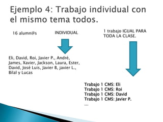 16 alumn@s INDIVIDUAL
Eli, David, Roi, Javier P., André,
James, Xavier, Jackson, Laura, Ester,
David, José Luis, Javier B, javier L.,
Bilal y Lucas
1 trabajo IGUAL PARA
TODA LA CLASE.
Trabajo 1 CMS: Eli
Trabajo 1 CMS: Roi
Trabajo 1 CMS: David
Trabajo 1 CMS: Javier P.
…
 