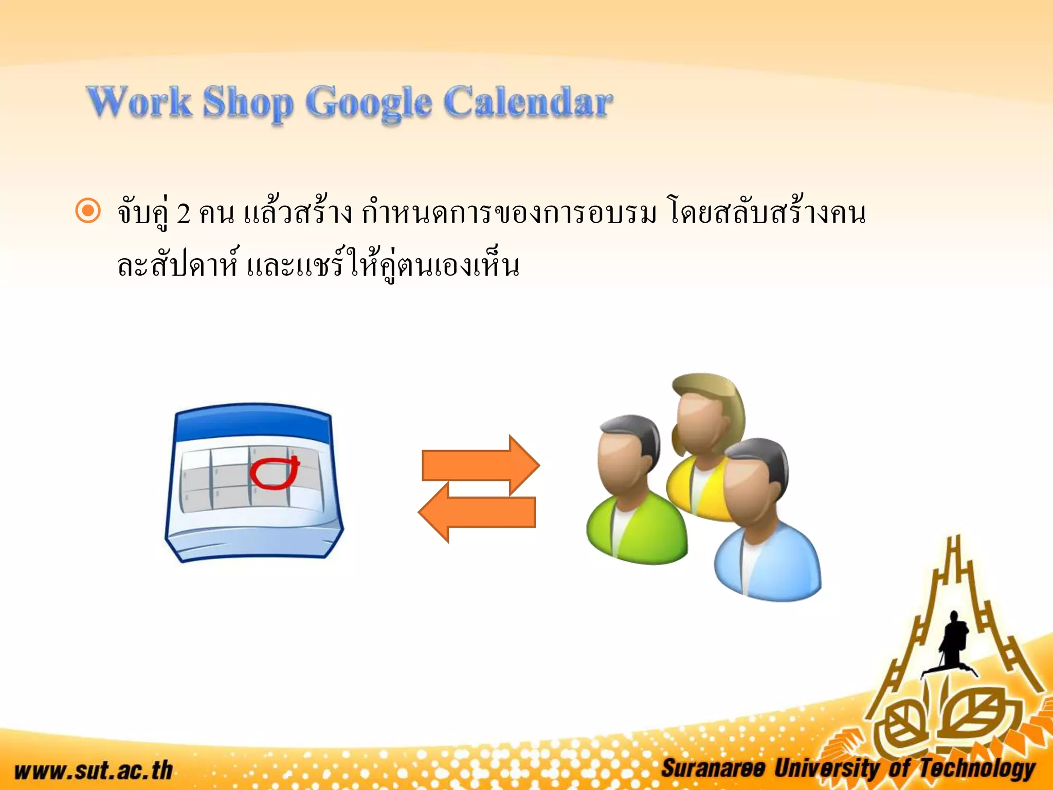  จับคู่ 2 คน แล้วสร้าง กาหนดการของการอบรม โดยสลับสร้างคน
ละสัปดาห์ และแชร์ให้คู่ตนเองเห็น
 