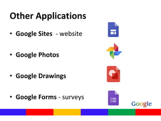 • Google Sites  - website
• Google Photos
• Google Drawings
• Google Forms - surveys
Other Applications
 