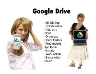 Google Drive
•  5 GB free
1
•  ollaborative
C
•  cts as a
A
cloud
•  rganize/
O
Share folders
•  ree mobile
F
app for all
formats
•  ork offline
W
•  yncs when
S
online

 