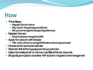 How Three Steps Register Domain Name Sign Up for Google Apps as a School Set up and manage the Google Apps Services Register Domain Must be able to manage the DNS Apply for account with Google Will verify ability to manage DNS before allowing to proceed. Choose which service to activate Redirect URLS from google.com to yourdomain Option to create email or not (can use “other” email accounts Single Signon Option and other API tools for migration and management 