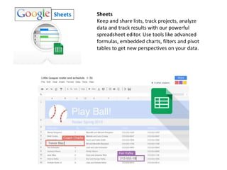 Sheets
Keep and share lists, track projects, analyze
data and track results with our powerful
spreadsheet editor. Use tools like advanced
formulas, embedded charts, filters and pivot
tables to get new perspectives on your data.
Sheets
 