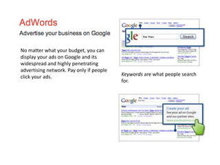 Keywords are what people search
for.
No matter what your budget, you can
display your ads on Google and its
widespread and highly penetrating
advertising network. Pay only if people
click your ads.
 