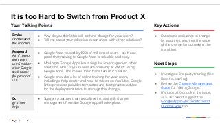 It is too Hard to Switch from Product X
Your Talking Points
Probe
Understand
the concern
● Why do you think this will be hard change for your users?
● Tell me about your adoption experiences with other solutions?
Respond
Ask if they or
their users
use Gmail or
other Google
tools today
for personal
use
● Google Apps is used by 100s of millions of users - each one
proof that moving to Google Apps is valuable and easy!
● Moving to Google Apps has a singular advantage over other
solutions: Most of your users are probably ALREADY using
Google Apps. This makes their transition much easier.
● Google provides a lot of online training for your users,
including a help center and how-to videos on YouTube. Google
Enterprise also provides templates and best practice advice
for the deployment team to manage this change.
Do
get them
help
● Suggest a partner that specializes in training & change
management from the Google Apps Marketplace.
Key Actions
● Overcome resistance to change
by assuring them that the value
of the change far outweighs the
transition.
Next Steps
● Investigate 3rd party training (like
Boost eLearning)
● Review the Change Management
Guide for "Going Google."
● If Microsoft Outlook is the issue,
as a last resort suggest the
Google Apps Sync for Microsoft
Outlook Sync tool
 