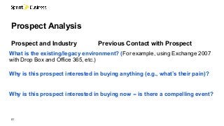 What is the existing/legacy environment? (For example, using Exchange 2007
with Drop Box and Office 365, etc.)
Why is this prospect interested in buying anything (e.g., what’s their pain)?
Why is this prospect interested in buying now -- is there a compelling event?
01
Prospect Analysis
Prospect and Industry Previous Contact with Prospect
 
