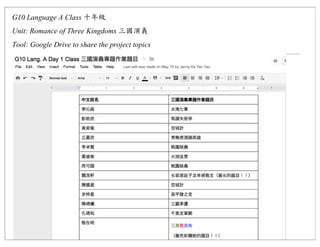 G10 Language A Class
Unit: Romance of Three Kingdoms
Tool: Google Drive to share the project topics
 