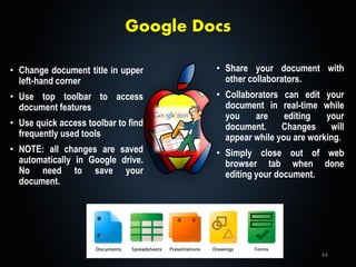 Google Docs
• Change document title in upper
left-hand corner
• Use top toolbar to access
document features
• Use quick access toolbar to find
frequently used tools
• NOTE: all changes are saved
automatically in Google drive.
No need to save your
document.
• Share your document with
other collaborators.
• Collaborators can edit your
document in real-time while
you are editing your
document. Changes will
appear while you are working.
• Simply close out of web
browser tab when done
editing your document.
44
 