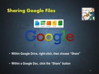 Sharing Google Files
• Within Google Drive, right-click, then choose “Share”
• Within a Google Doc, click the “Share” button
46
 