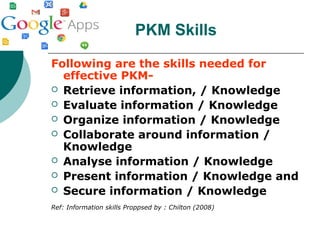 PKM Skills
Following are the skills needed for
effective PKM-
 Retrieve information, / Knowledge
 Evaluate information / Knowledge
 Organize information / Knowledge
 Collaborate around information /
Knowledge
 Analyse information / Knowledge
 Present information / Knowledge and
 Secure information / Knowledge
Ref: Information skills Proppsed by : Chilton (2008)
 