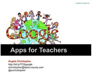 Doodle for Google Info




 Apps for Teachers
Angela Christopher
http://bit.ly/TCSgoogle
achristopher@tipton-county.com
@avchristopher
 