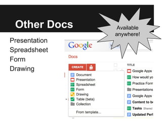 Other Docs     Available
               anywhere!
Presentation
Spreadsheet
Form
Drawing
 