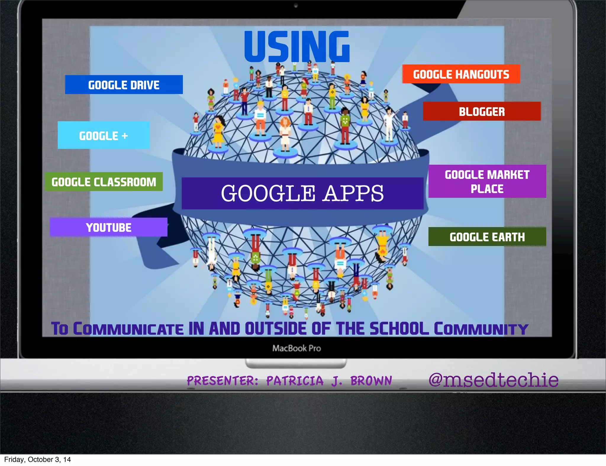 USING 
GOOGLE HANGOUTS 
BLOGGER 
GOOGLE MARKET 
PLACE 
GOOGLE DRIVE 
GOOGLE + 
GOOGLE CLASSROOM 
YOUTUBE 
GOOGLE EARTH 
GOOGLE APPS 
To Communicate IN AND OUTSIDE OF THE SCHOOL Community 
PRESENTER: PATRICIA J. BROWN @msedtechie 
Friday, October 3, 14 
 