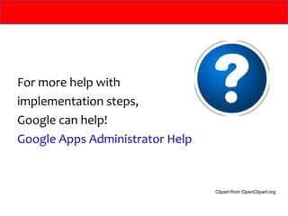 For more help with  implementation steps,  Google can help! Google Apps Administrator Help Clipart from OpenClipart.org 