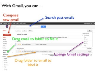 With Gmail, you can ...

Compose
                          Search past emails
new email



     Drag email to folder to ﬁle it


                                 Change Gmail settings
       Drag folder to email to
               label it
 