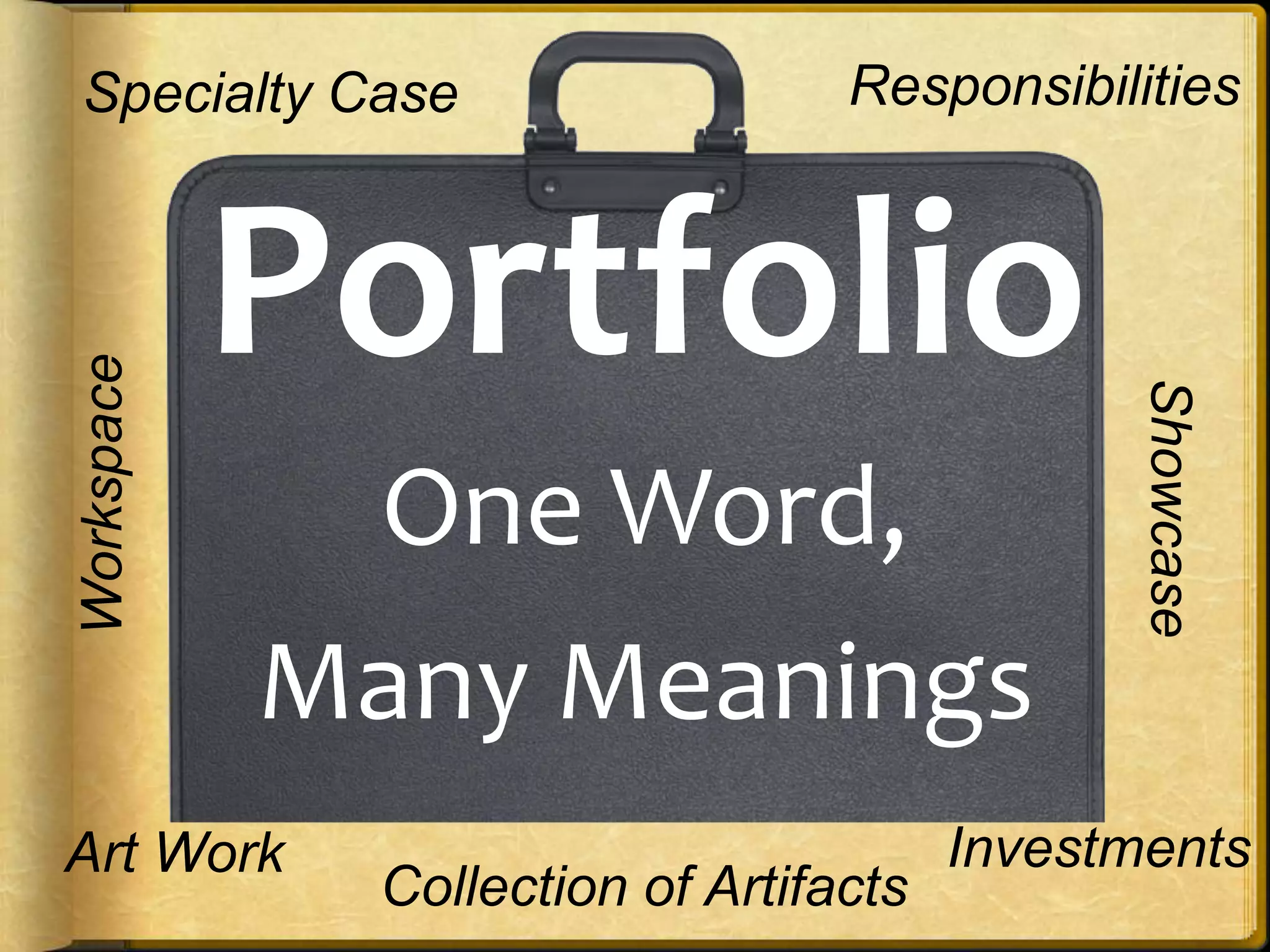 Specialty Case                    Responsibilities



            Portfolio
Workspace




                                              Showcase
              One Word,
            Many Meanings
Art Work                                Investments
              Collection of Artifacts
 