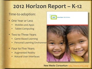 2012 Horizon Report – K-12
Time-to-adoption:
 One Year or Less
 Mobiles and Apps
 Tablet Computing
 Two to Three Years
 Game-Based Learning
 Personal Learning Environments
 Four to Five Years
 Augmented Reality
 Natural User Interfaces
New Media Consortium http://www.nmc.org/
 