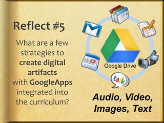 Reflect #5
What are a few
strategies to
create digital
artifacts
with GoogleApps
integrated into
the curriculum?
Audio, Video,
Images, Text
Google Drive
 