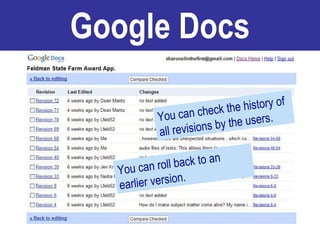 Google Docs You can check the history of all revisions by the users. You can roll back to an earlier version. 