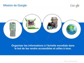 Mission de GoogleOrganiser les informations à l'échelle mondiale dans le but de les rendre accessibles et utiles à tous.Google - Confidentiel et exclusif