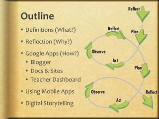 Outline
 Definitions (What?)
 Reflection (Why?)
 Google Apps (How?)
   Blogger
   Docs & Sites
   Teacher Dashboard
 Using Mobile Apps
 Digital Storytelling
 