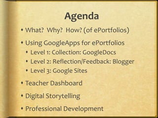 Agenda
 What? Why? How? (of ePortfolios)
 Using GoogleApps for ePortfolios
  Level 1: Collection: GoogleDocs
  Level 2: Reflection/Feedback: Blogger
  Level 3: Google Sites
 Teacher Dashboard
 Digital Storytelling
 Professional Development
 