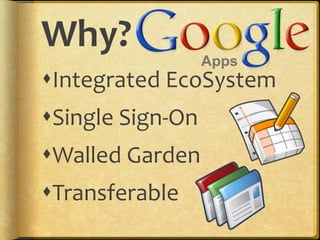 Why?
Integrated EcoSystem
Single Sign-On
Walled Garden
Transferable
 