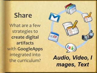 Share
 What are a few
   strategies to
  create digital
     artifacts
with GoogleApps
 integrated into
 the curriculum?
                   Audio, Video, I
                    mages, Text
 