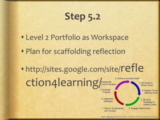 Step 5.2
 Level 2 Portfolio as Workspace
 Plan for scaffolding reflection

 http://sites.google.com/site/refle
 ction4learning/
 