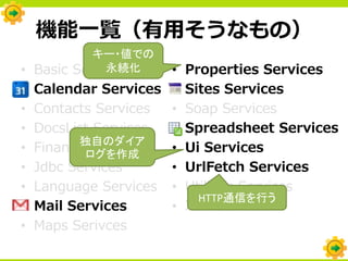 機能一覧（有用そうなもの）
           キー・値での
• Basic Services
             永続化    •   Properties Services
• Calendar Services •   Sites Services
• Contacts Services •   Soap Services
• DocsList Services •   Spreadsheet Services
        独自のダイア
• Finance ログを作成
          Services  •   Ui Services
• Jdbc Services     •   UrlFetch Services
• Language Services •   Utilities Services
                          HTTP通信を行う
• Mail Services     •   Xml Services
• Maps Serivces
 
