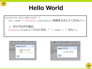 Hello World
function helloWorld() {
  var name = Browser.inputBox(“名前を入力してください”);

    // ダイアログで表示
    Browser.msgBox(“こんにちは、” + name + “ さん”);
}
 